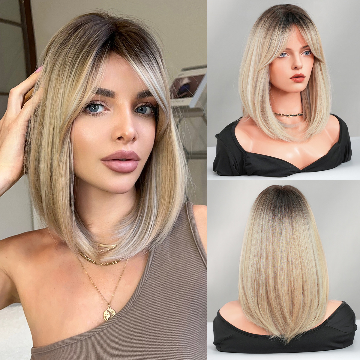women Wig shoulder length straight hair gradient gold side split eight character bangs natural synthetic full head cover