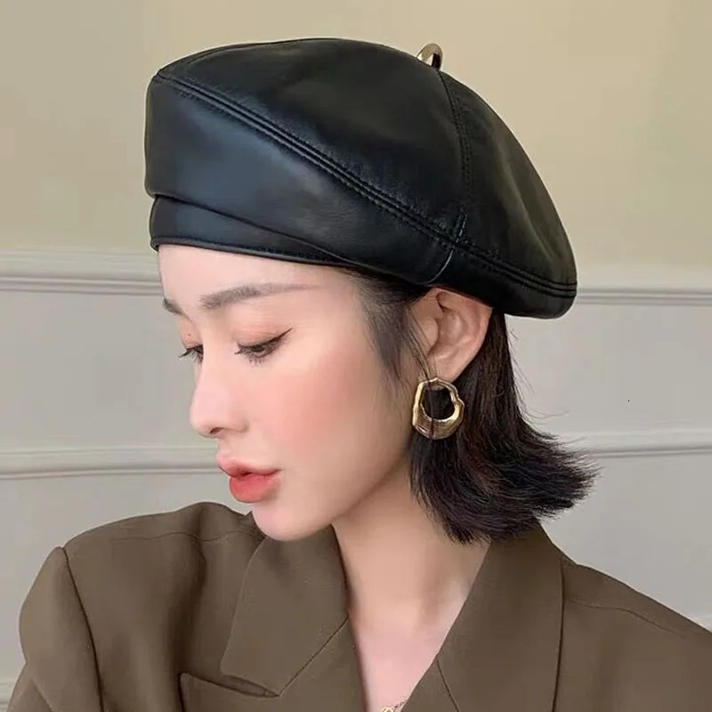 Spring/Winter 100% Genuine Leather Beret Womens Fashion European Pumpkin Paint Hat Womens Rainbow White/Red Thin Boina 250430