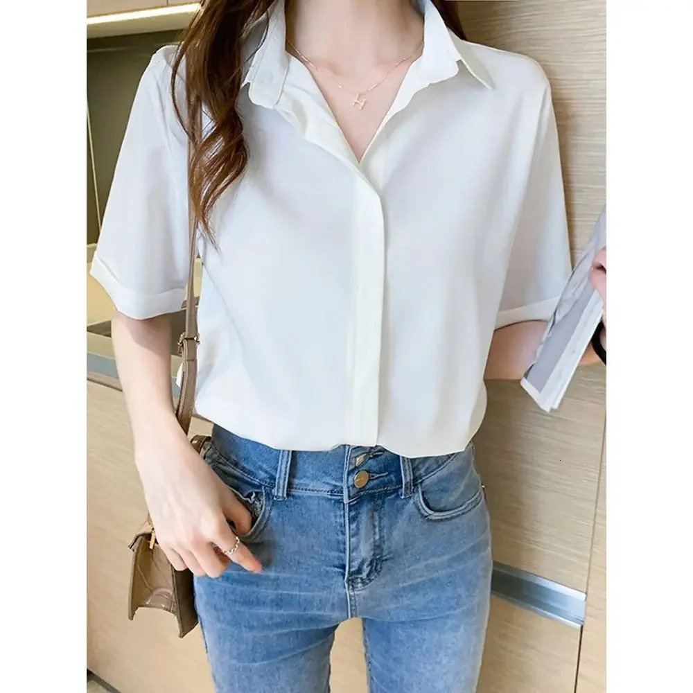 Black shirt womens summer slim fit n sensual niche chiffon top 2023 short sleeved professional white 250422