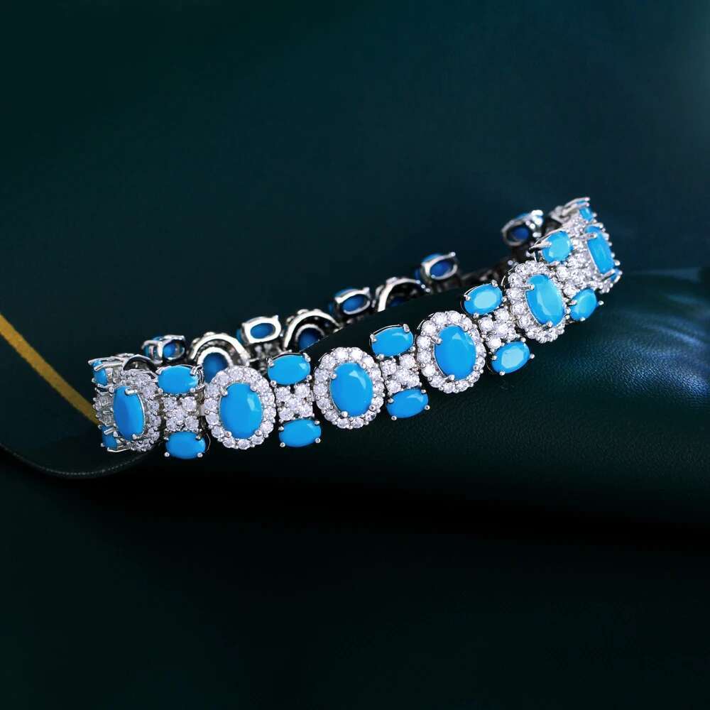 Threegraces 2024 New Blue Turquoise Geometric Link Chain Bracelet For Women Bohemian Wedding Bridal Party Jewelry Br404