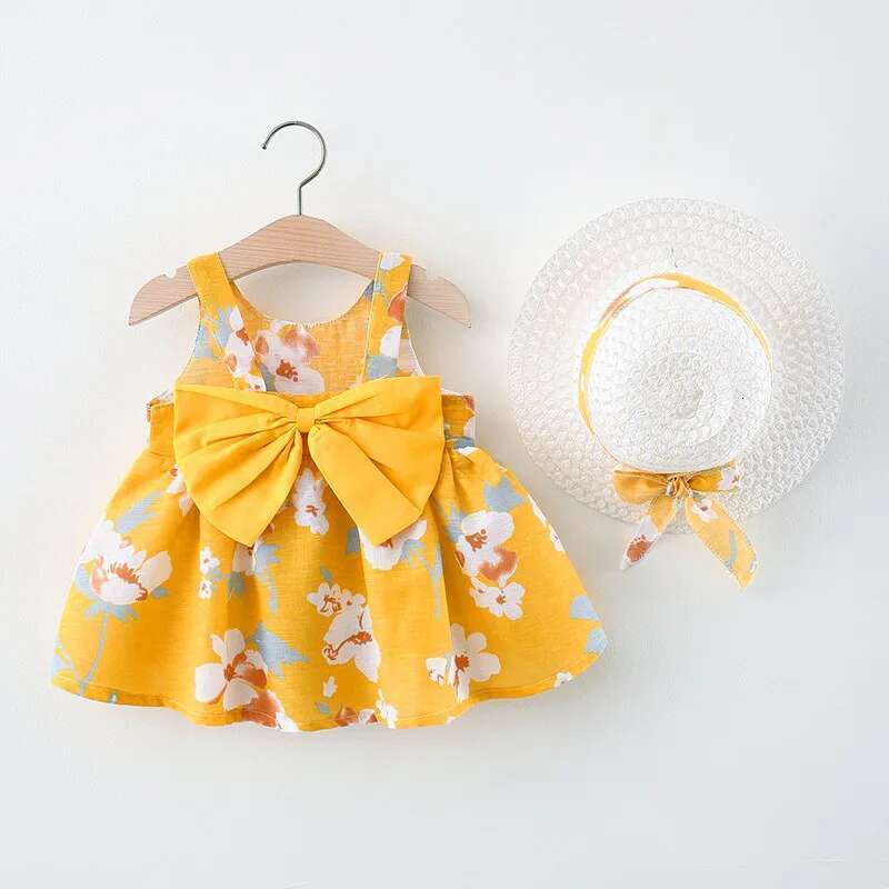 Summer 2/Piece Set Of Baby Girl Hat Girl's Big Bow Casual Cotton Print Cute Round Neck Sleeveless Dress