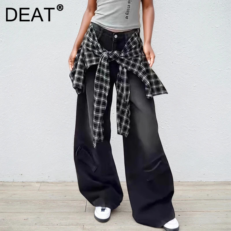DEAT Fashion Womens Irregular Plain Waist Belt 2-piece Jeans High Waist Straight Jeans Womens Project CPG3008 250423