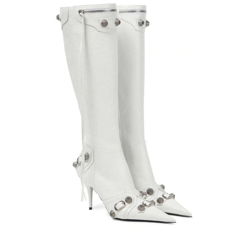 New Metal Buckle Knee Pointed Button High Heels Studded Zip up Boots Catwalk Party Punk Shoes Women