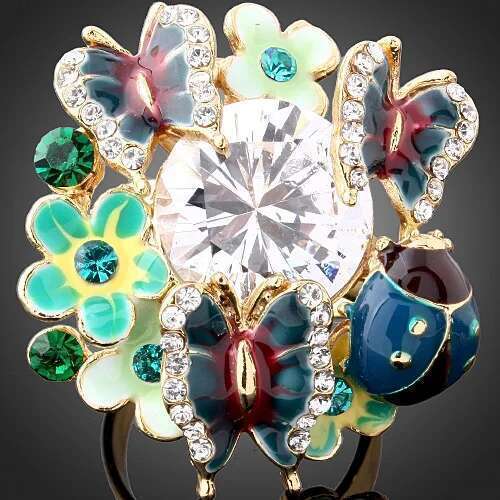 CHRAN Gold Color Ladybug Design Zircon Jewelry Wholesale Crystal Enamel Butterfly Pattern Flower Rings For Women