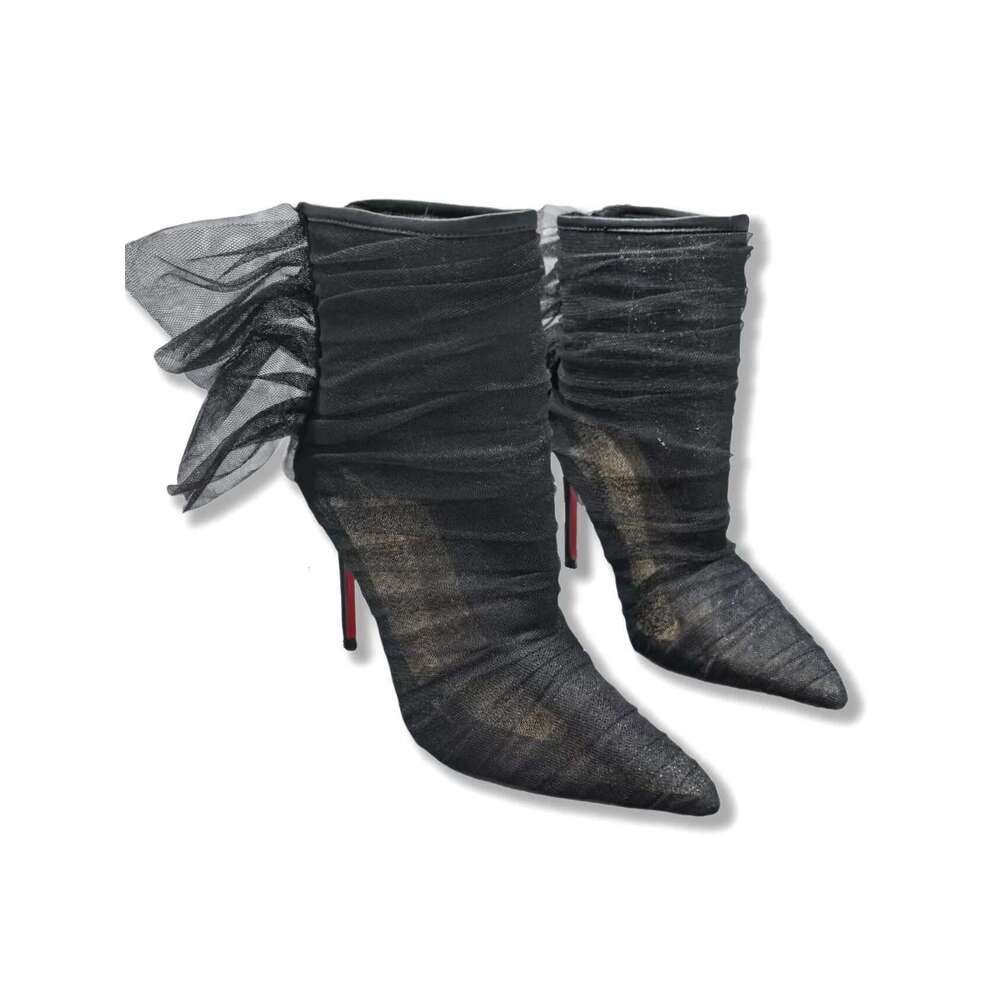 Pointed Zipper Ankle Boot 10cmHeels Ladies Low BootS Mysterious and Sexy Shoes Black Lace Boots For Woman