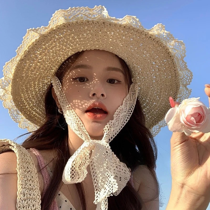 selling hollow straw hat for summer tourism summer sun protection beach sun protection hat spring and autumn lace edge outdoor sun protection hat 2504