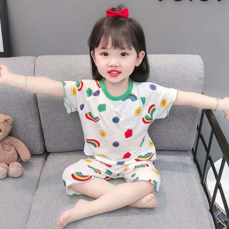 Ice Silk Soft Children's Pajamas Thin Style Baby Girl Western Korean Version Short Sleeved Home Girls Summer Air-Conditioned Clothes