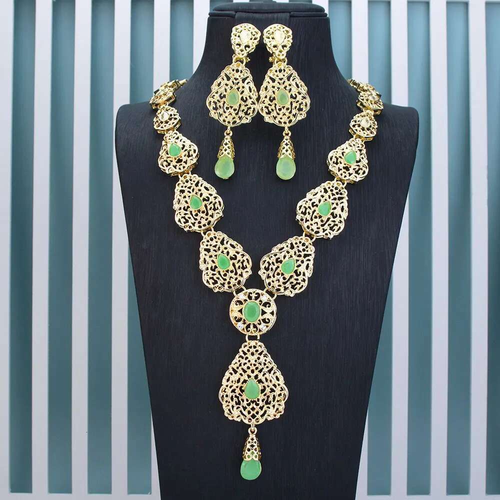 Sunspicems Chic Arabic Bridal Earring Necklace Morocco Wedding Jewelry Sets For Women Gold Color Hollow Water Droplets Pendant