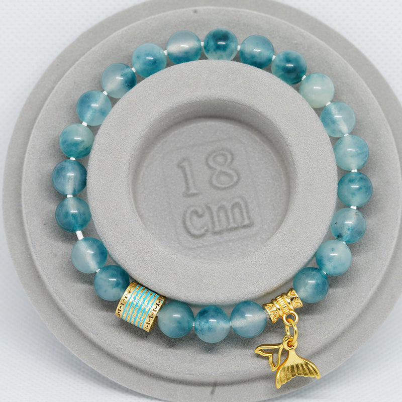Five Line Mantra Energy Bracelet with Mermaid Pendant | Enamel-Coated Copper & Aqua Chalcedony Stone | Spiritual Jewelry for Courage & Beauty