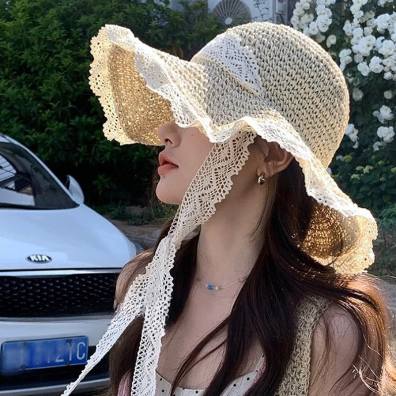 selling hollow straw hat for summer tourism summer sun protection beach sun protection hat spring and autumn lace edge outdoor sun protection hat 2504