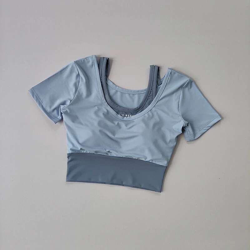Fake Two-Piece Sports Sleeved Women's Summer Breathable Fiess Top With Bra, Fast Drying Tight Short Dance Yoga Clothes