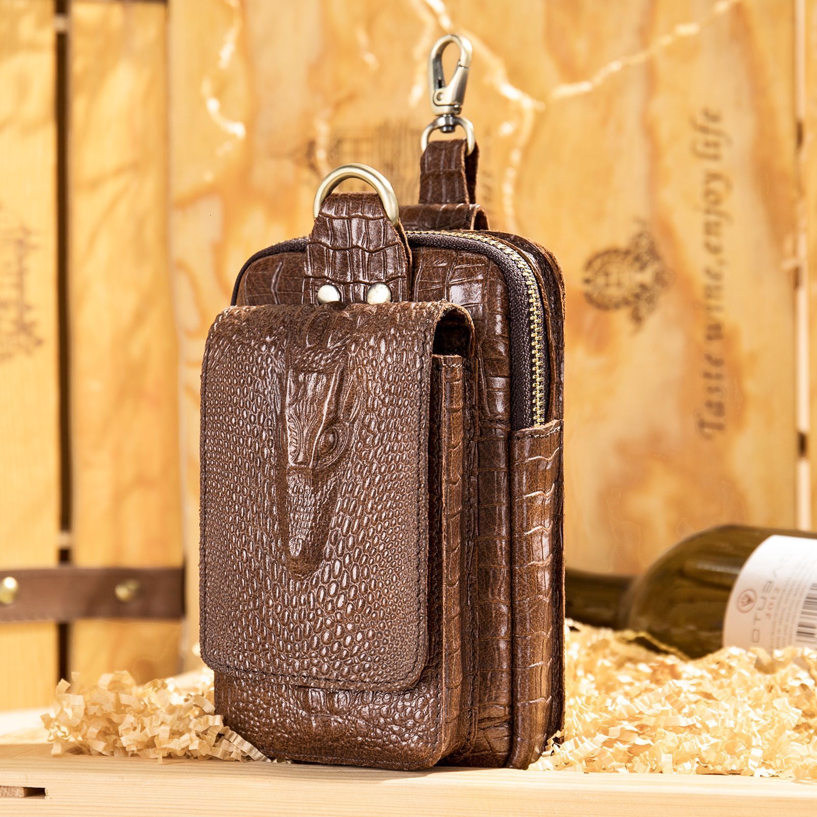 Waist top layer cowhide belt bag, men's work site wearing belt, vertical genuine leather multifunctional mobile phone bag