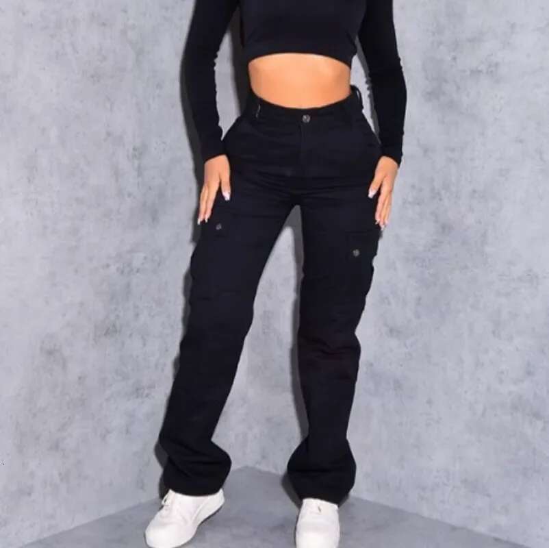 fashion New High Elasticity Solid Color Casual Multi Pocket Workwear Fashion Trend Versatile Lifting Hip Long Jeans for Women