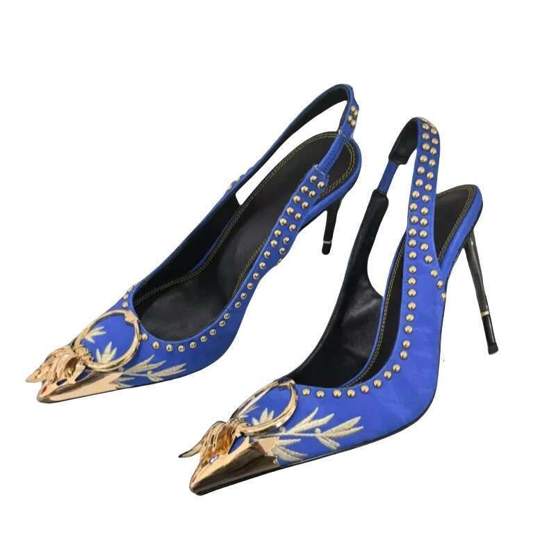 2025Pointed Back Strap Shoes Luxurious Embroidered Brand Designer Women Sandals Metal Toe Ladies High Heels
