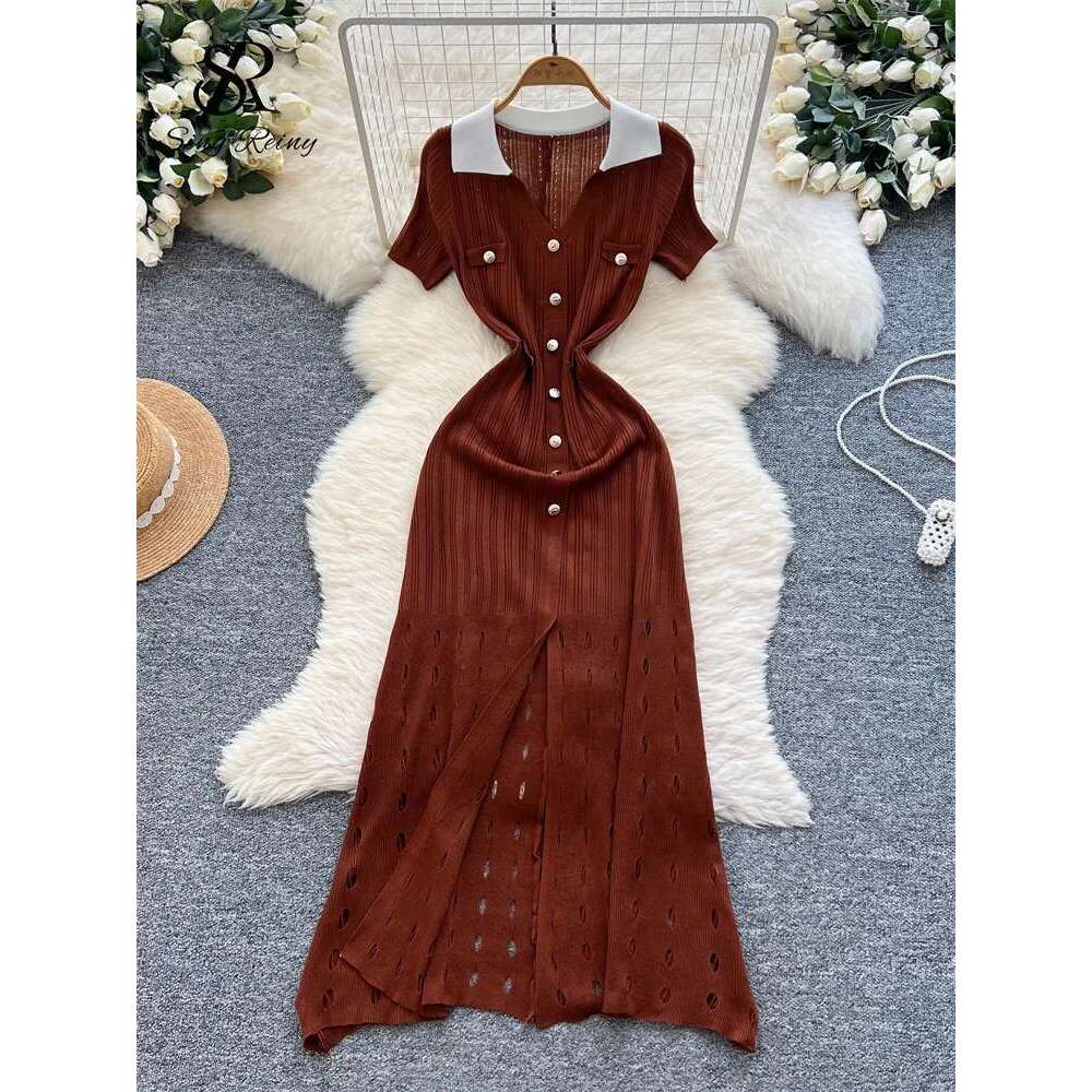 SINGREINY Senior Workwear Knitting 2025 Women Polo Collar Buttons Design Sundress Vintage Fashion Solid Split Long Dress