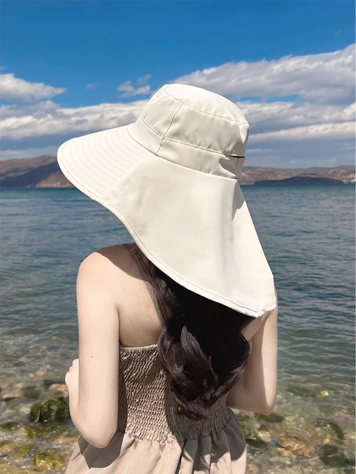 Summer Sun Hats For Women Wide Large Brim Ponytail Bucket Hat Outdoor Fishing Hiking UV Anti Neck Protect Shawl Visor Panama Cap 250430