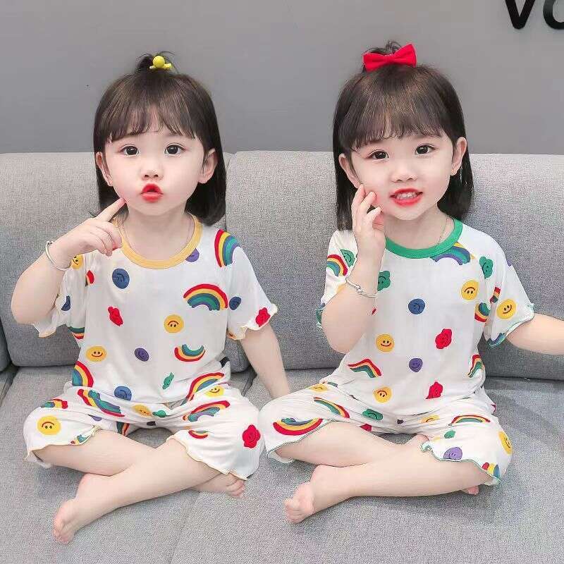 Ice Silk Soft Children's Pajamas Thin Style Baby Girl Western Korean Version Short Sleeved Home Girls Summer Air-Conditioned Clothes