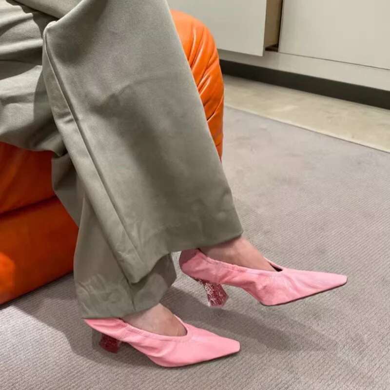 New Soft Sole Slip High Heels Crystal Heel Elastic Shallow Mouth Small Square Shoes Elegant Retro Women Sandal