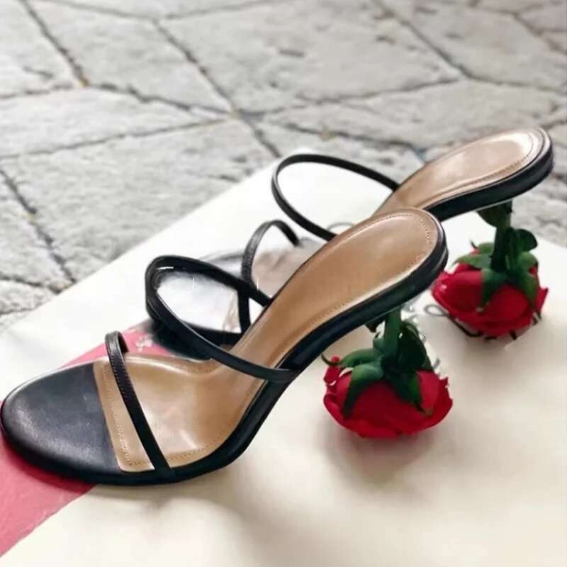Brand Rose High Heels Thin Strap Sandals Floral Open Toe Women's Slippers Comfortable Casual Shoes Women