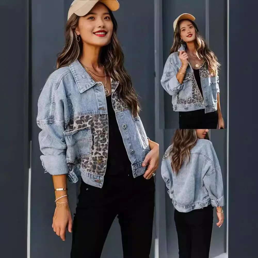 Cross-Border Jacket Long Sleeve Standalone European and American Style Denim Coat Women's Leopard Printed