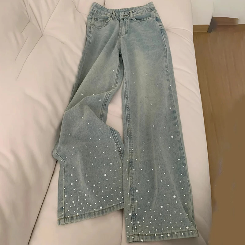 Womens rhinestone wide leg jeans Korean fashion light blue straight denim pants simple daily outfit with loose 250428