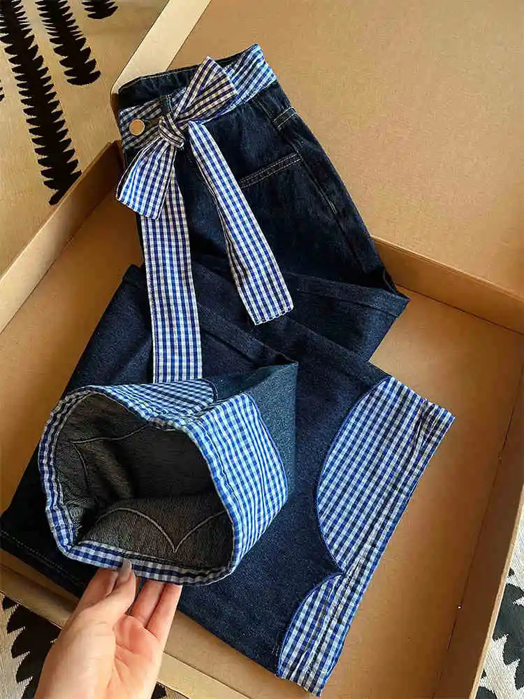Oversized plain weave spliced jeans for womens spring high waisted loose and chic bow denim pants fashionable niche womens wide leg pants 250423