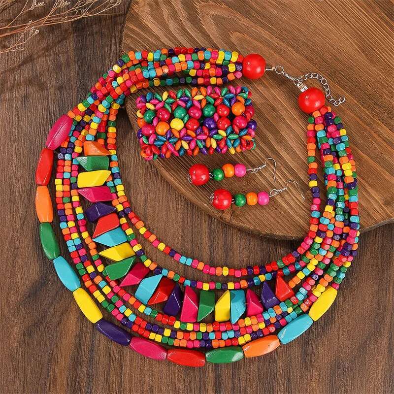 Boho Multilayer Big Colorful Wood Set Geometry Necklace Earrings Sets Nigerian Wedding Indian Africal Beads Jewelry Gift