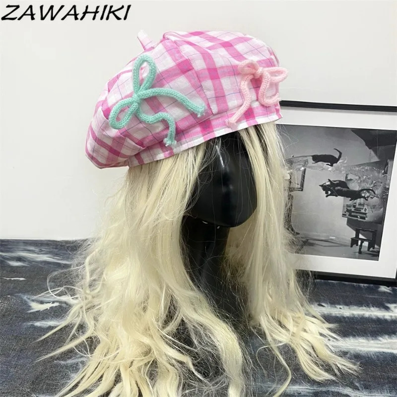 Y2k Sweet Beret Womens Flat Bow Patch Work Boinas Para Mujer Korean Contrastive Color Hat Cute Preparatory Office Womens Fashion Beret 250430