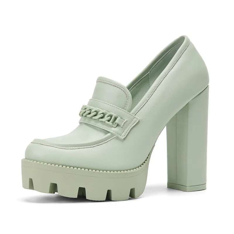 Metal Chain Single Fashionable Chunky Heel Casual Round Toe High Heels Platform Thick Soled Shoes Women