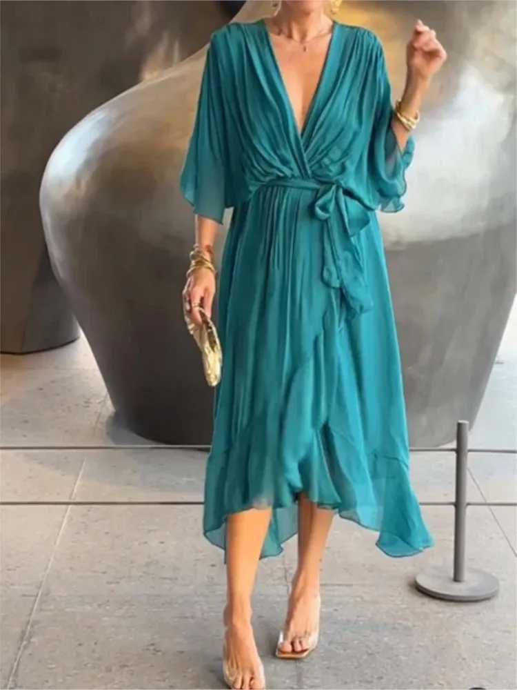 Elegant chiffon solid party dress suitable for women sexy V-neck bat sleeves lace ruffles irregular long dress casual robe W250430