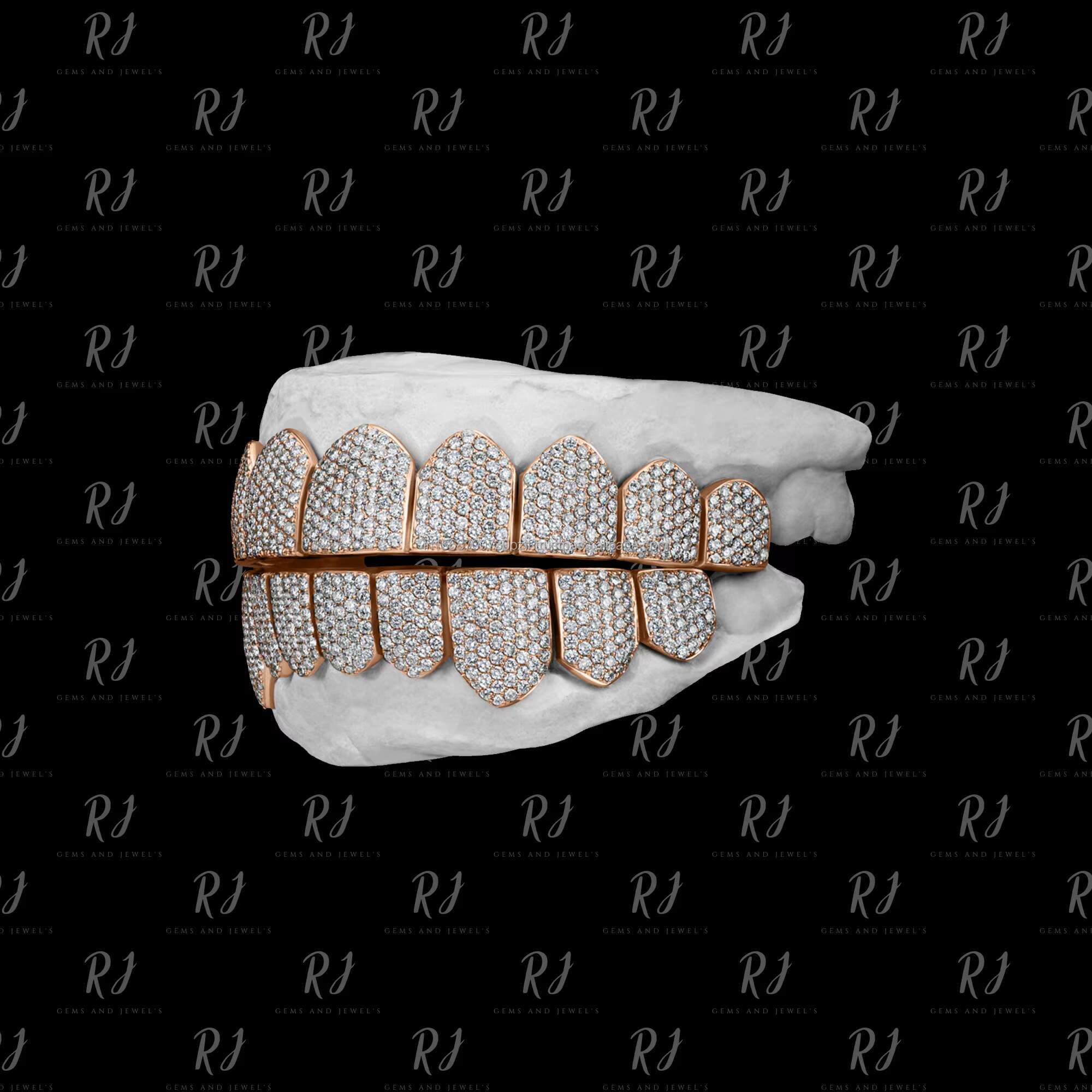Iced Out Moissanite Diamond Grillz Studded Honeycomb Grillz Top Bottom Grillz in White Yellow Rose Gold