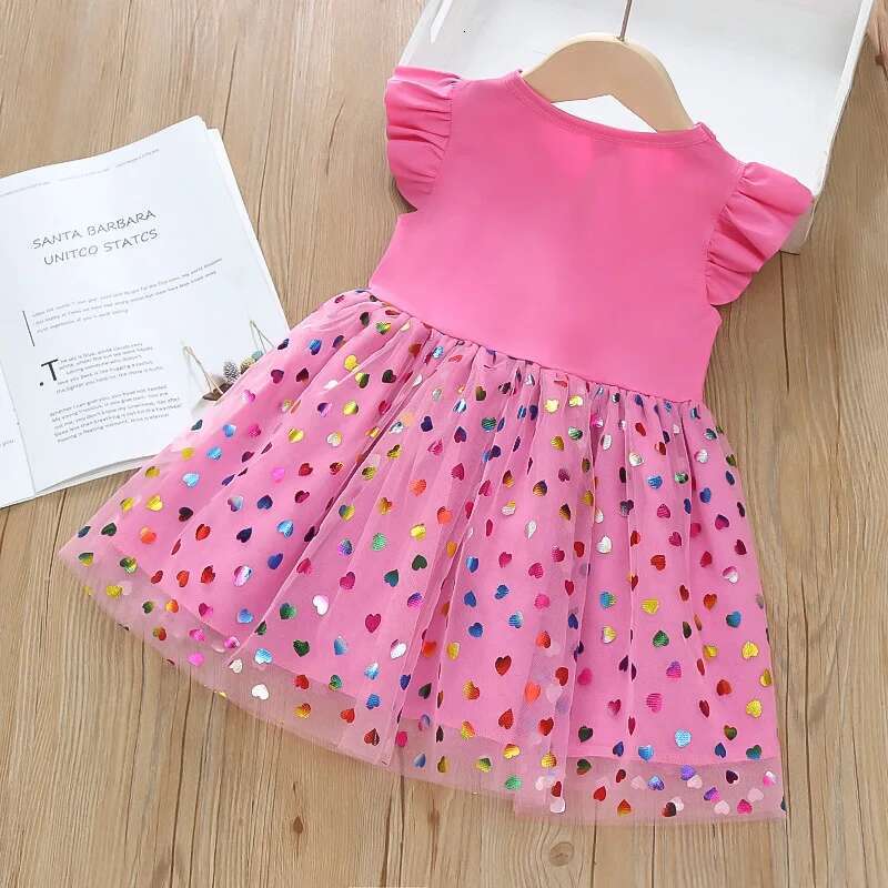 Summer New Girls' Flying Sleeve Rainbow Unicorn Princess Skirt Super Fairy Love Mesh Splicing Dress