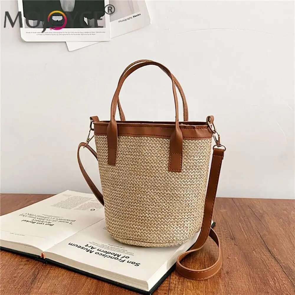 Women Fashion Bucket Straw Shoulder Bag PU Woven Totes Crossbody Handbags