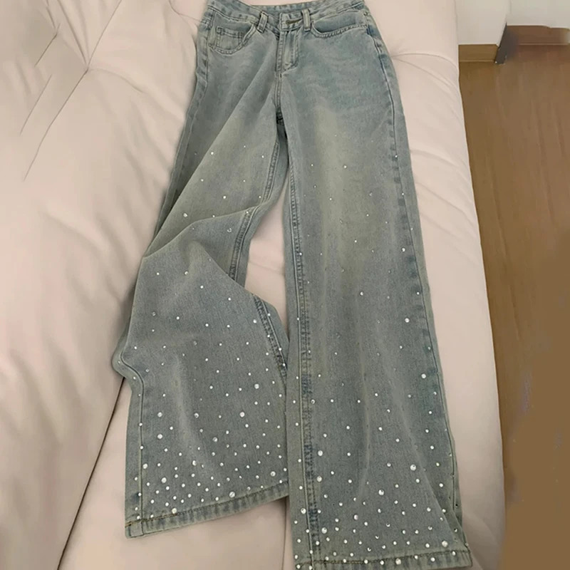 Womens rhinestone wide leg jeans Korean fashion light blue straight denim pants simple daily outfit with loose 250428