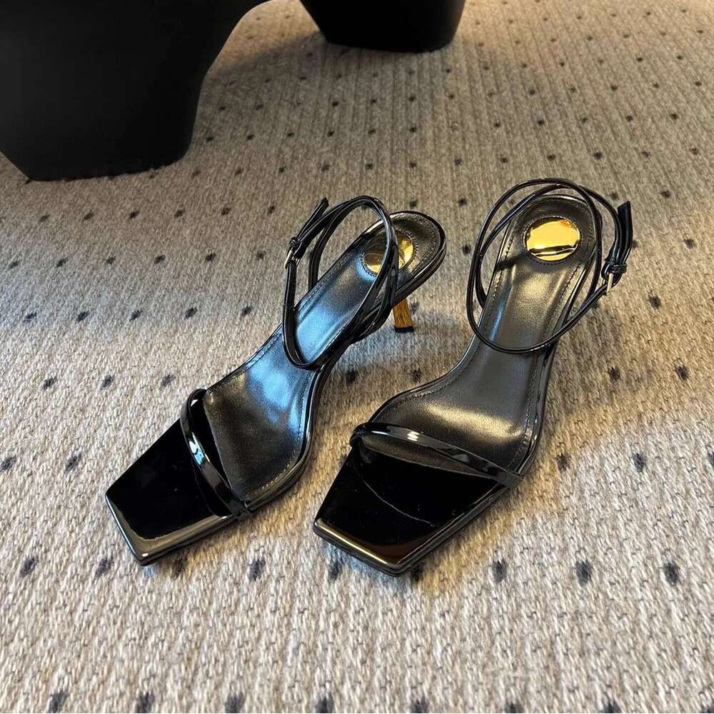 Elegant Square Toe Sandals Metal Design Single Ankle Strap Casual Foot Fighter Women's High Heels Party Dress Shoes