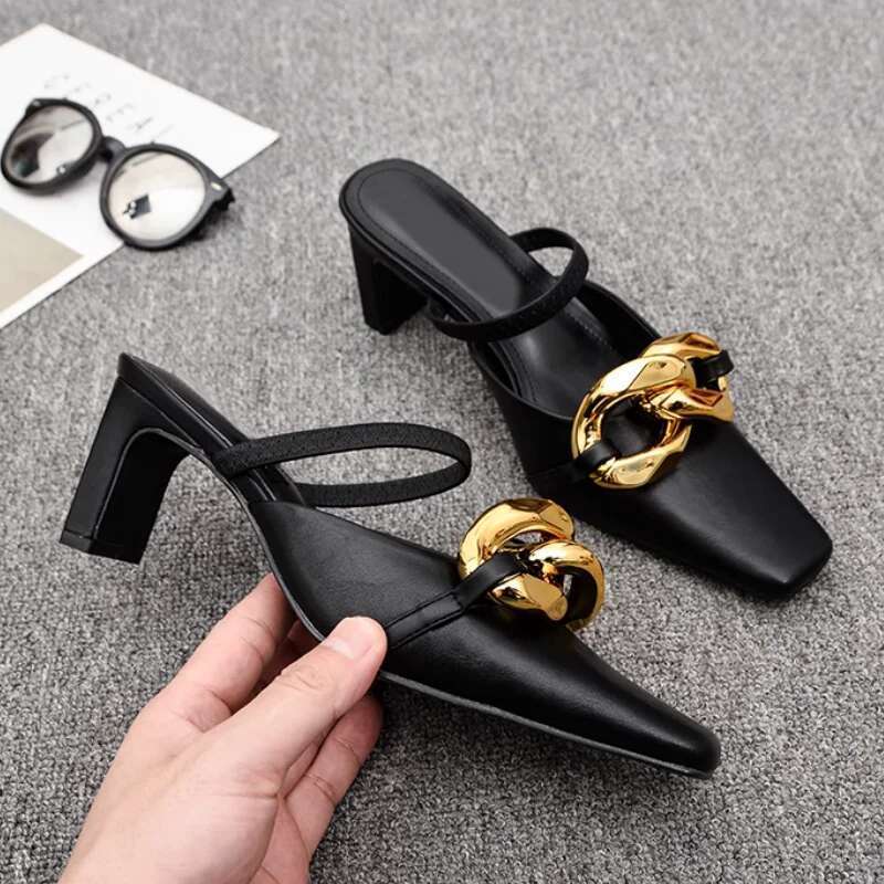 Fashion Metal Chain Women Slippers Square Toe Slingback Sandals Slip-on High Heels Comfortable Casual Mules One Word Belt Shoes