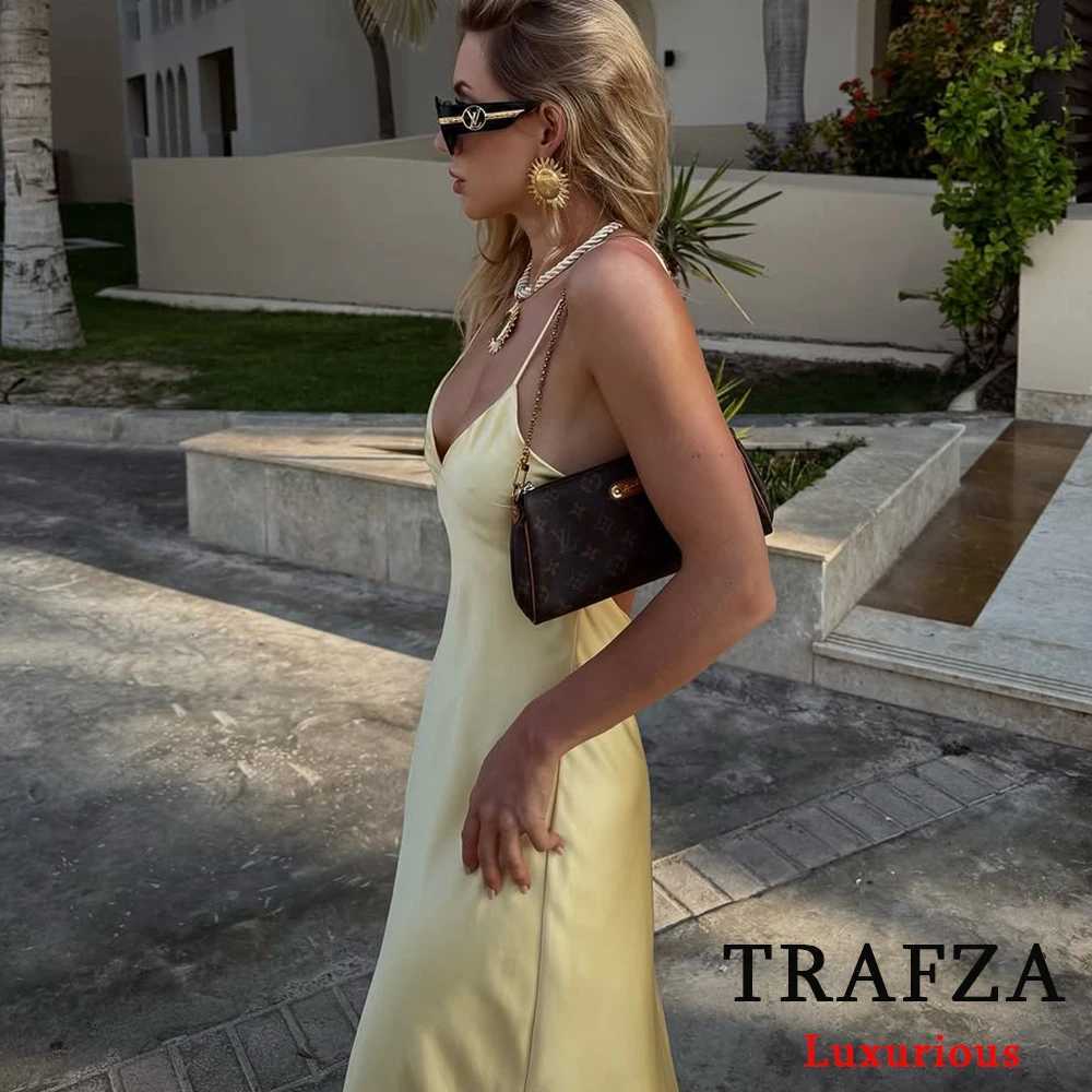TRAFZA sexy yellow satin long summer party dress womens V-neck backless Cami straight dress fashion 2025 summer holiday dress W250430