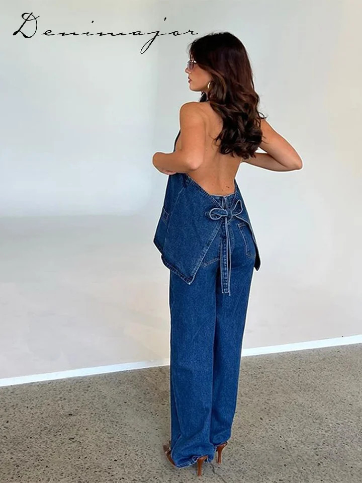 Denim camisole vest pants set womens Vneck backless single chest wide leg Trouser summer sexy dress 250530