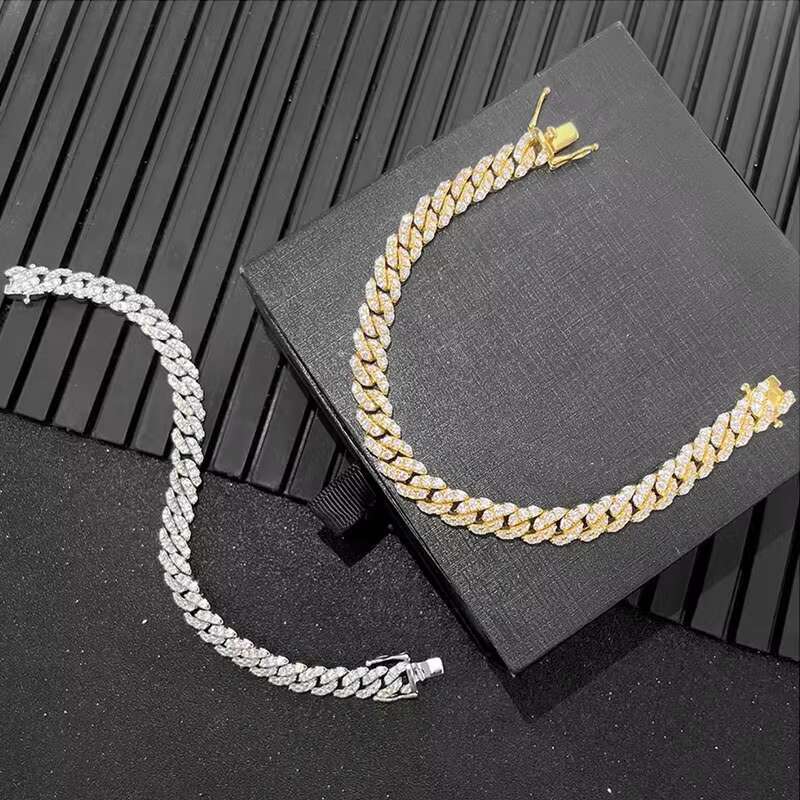 Hip Hop Iced Out Moissanite 7mm Cuban Chain Bracelet Gold Silver Style Clasp for Rapper Bracelet