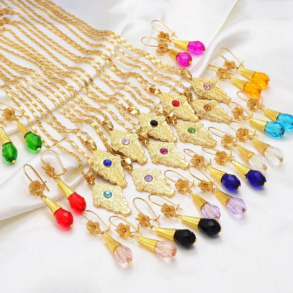 Anniyo Hawaiian Bead Ball Jewelry Sets Cross Pendant Necklaces Colored Crystal Earrings Guam Micronesia Chuuk Pohnpei #253006