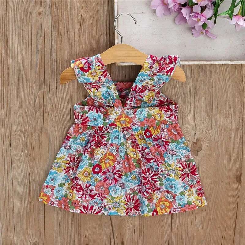 (Girls 0-3 Years Old)New Summer Girls Halter Small Flying Sleeve Ruffled Flowers Full Print + Crossbody Bag A-Line Dress