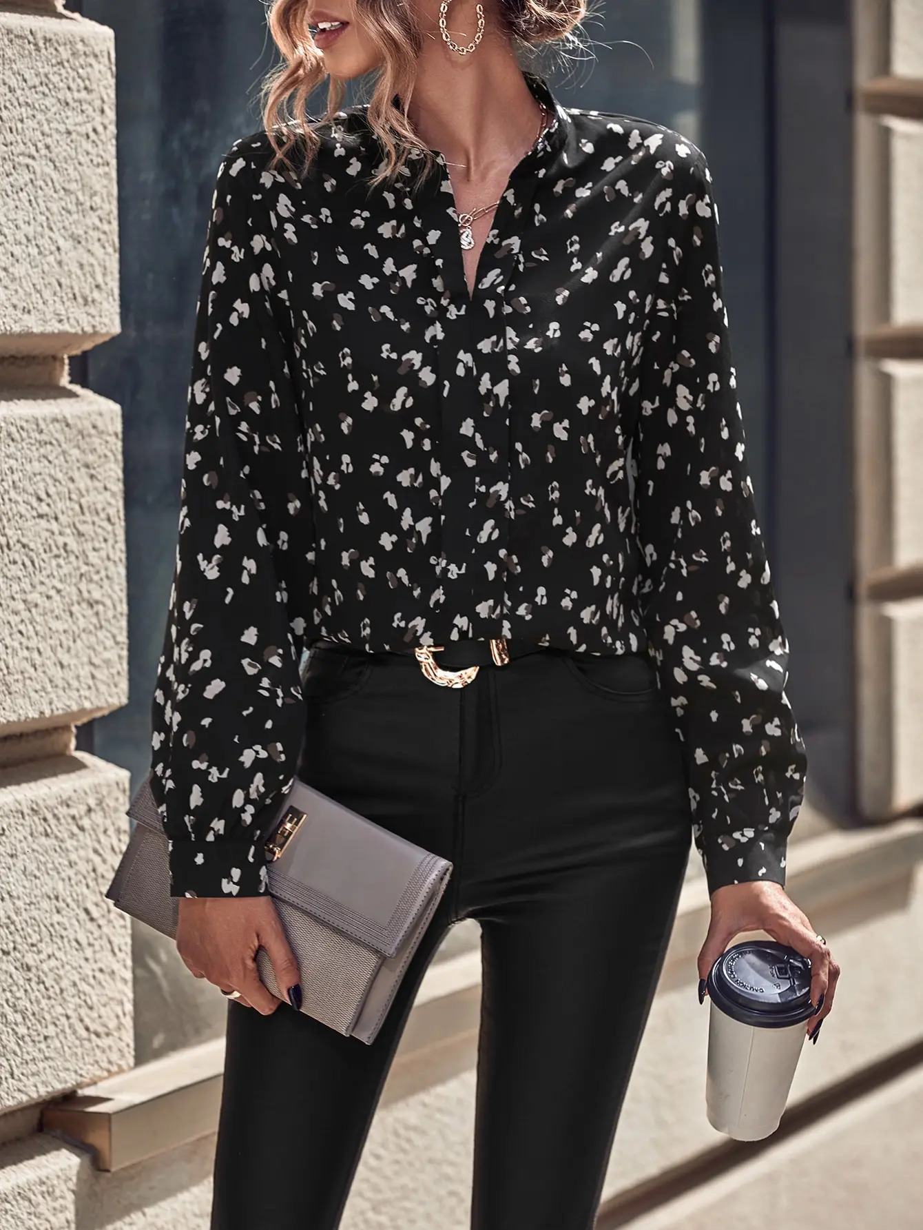 Casual and elegant loose Vneck leopard print fabric with open cuffs forked multi colored autumn winter womens shirt 250422