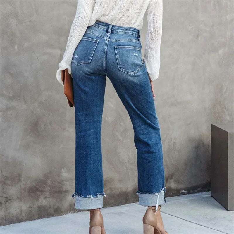 Women High Waist Slant Buckle Splice Straight Jeans Broken Holes Casual Denim Pants New Female Office Commuter Washable Trousers
