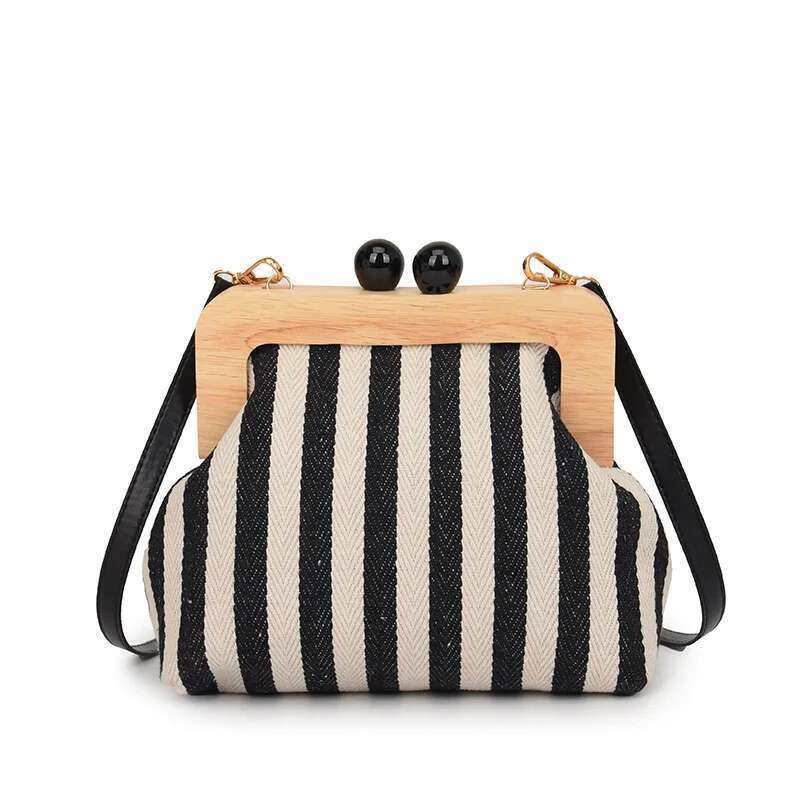 Fashion Striped Wooden Clip Shell Women Shoulder Elegant Crossbody Bags Clutch Purses for Party