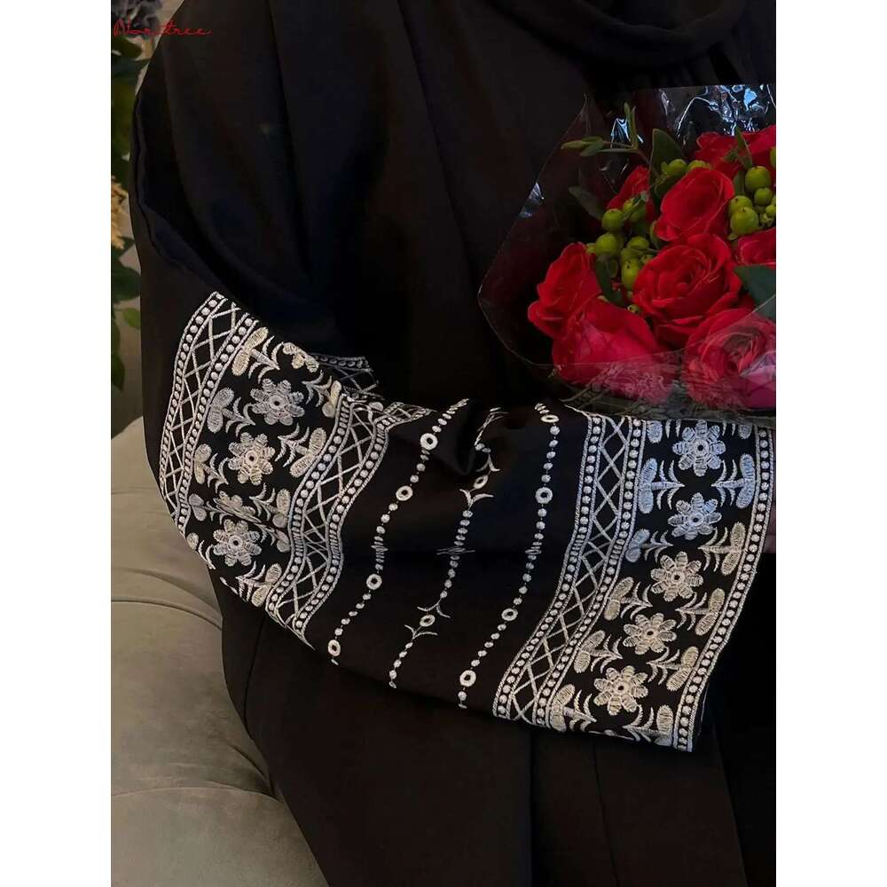 Fashion Embroidery Kimono Oversized Robe Syari Female Full Length Muslim Outerwear Worship Service Abaya With Belt Wy1946