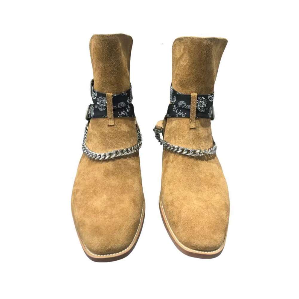 Metal Chain Frosted Double Buckle Fashion Ankle Boots High Top Pointed Casual Dress Shoes Men