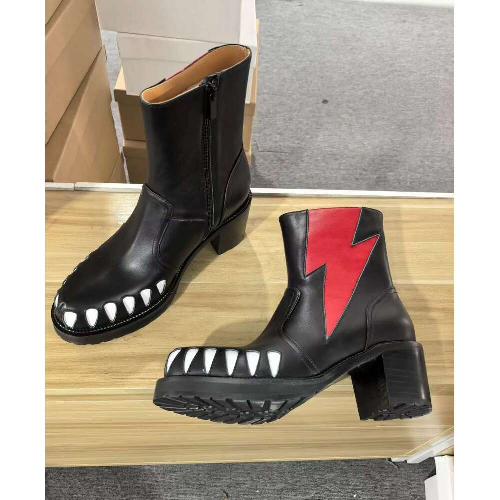 Street Style Printed Teeth Chunky Heel Men Round Ankle Boots Comfortable Casual Fashion Thick Soled Shoes
