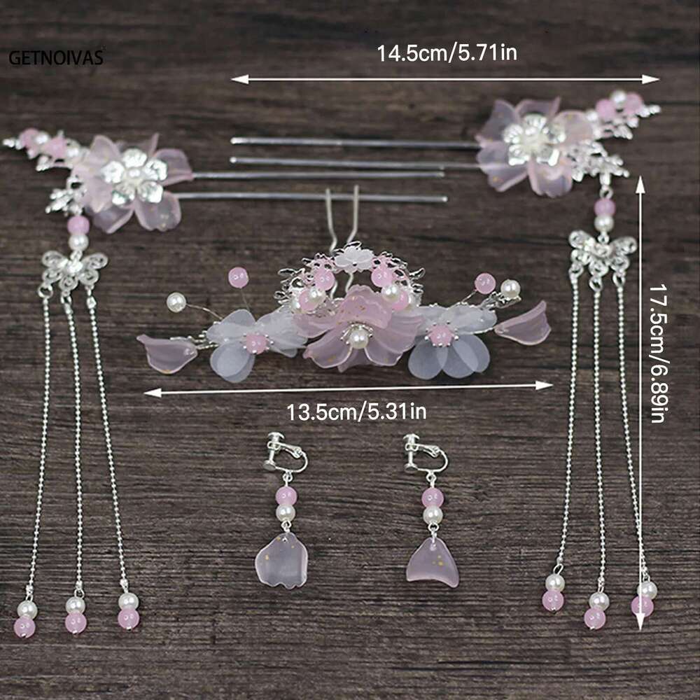 Ancient Hanfu Sticks Tassel Flower Earring Hairpin Set Girl Gift Bridal Headdress Retro Wedding Hair Accessories Headwear