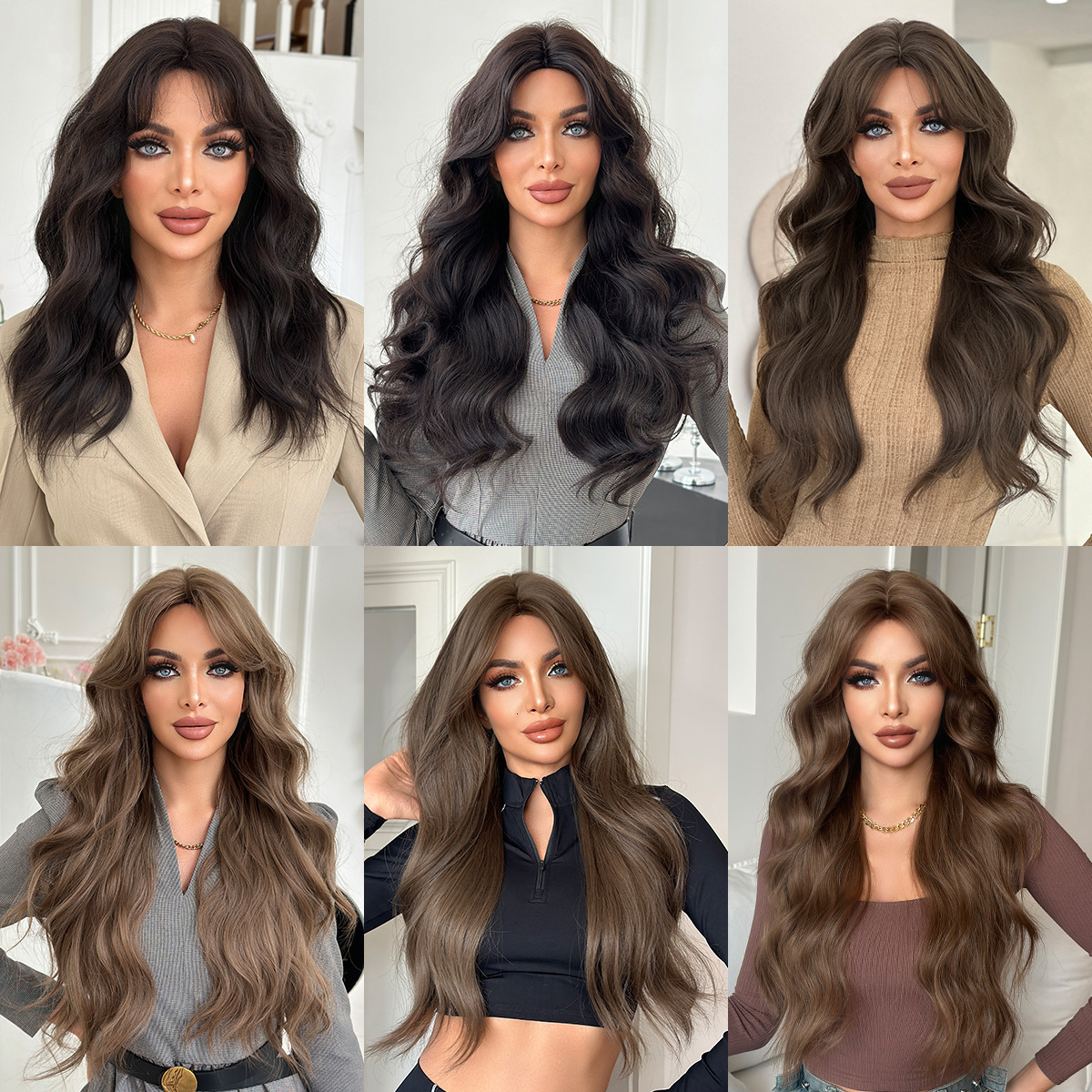 Chinese 2025 zodiac bangs long curly hair wig full head cover round face for women commonly used synthetic wave wig