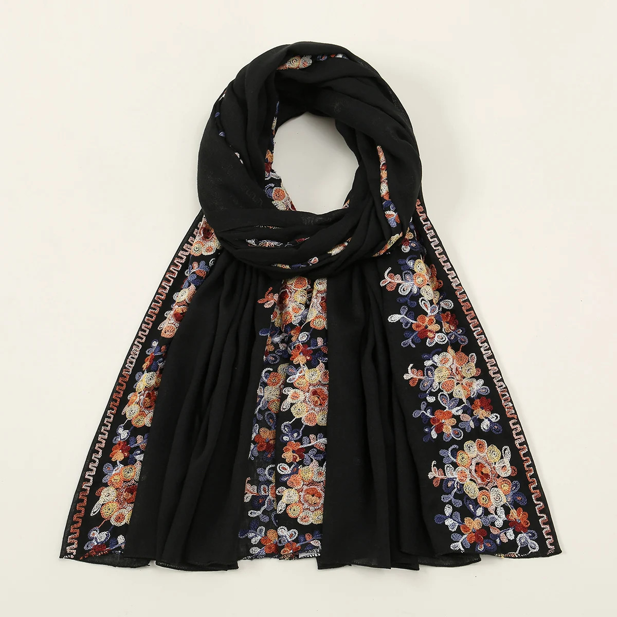 Soft Cotton Hijab Scarf Embroidery Floral Shawls For Women Muslim Solid Pashmina Autumn Wraps Headband 180*90cm 250430